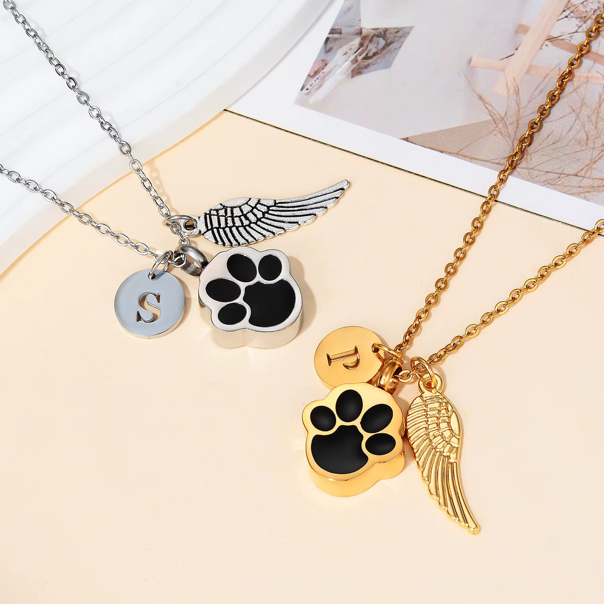 Paw Print Ashes Urn Pendant Necklace Stainless Steel Letter Initial Charm Memorial Dog Cat Pet Keepsake with Angel Wing