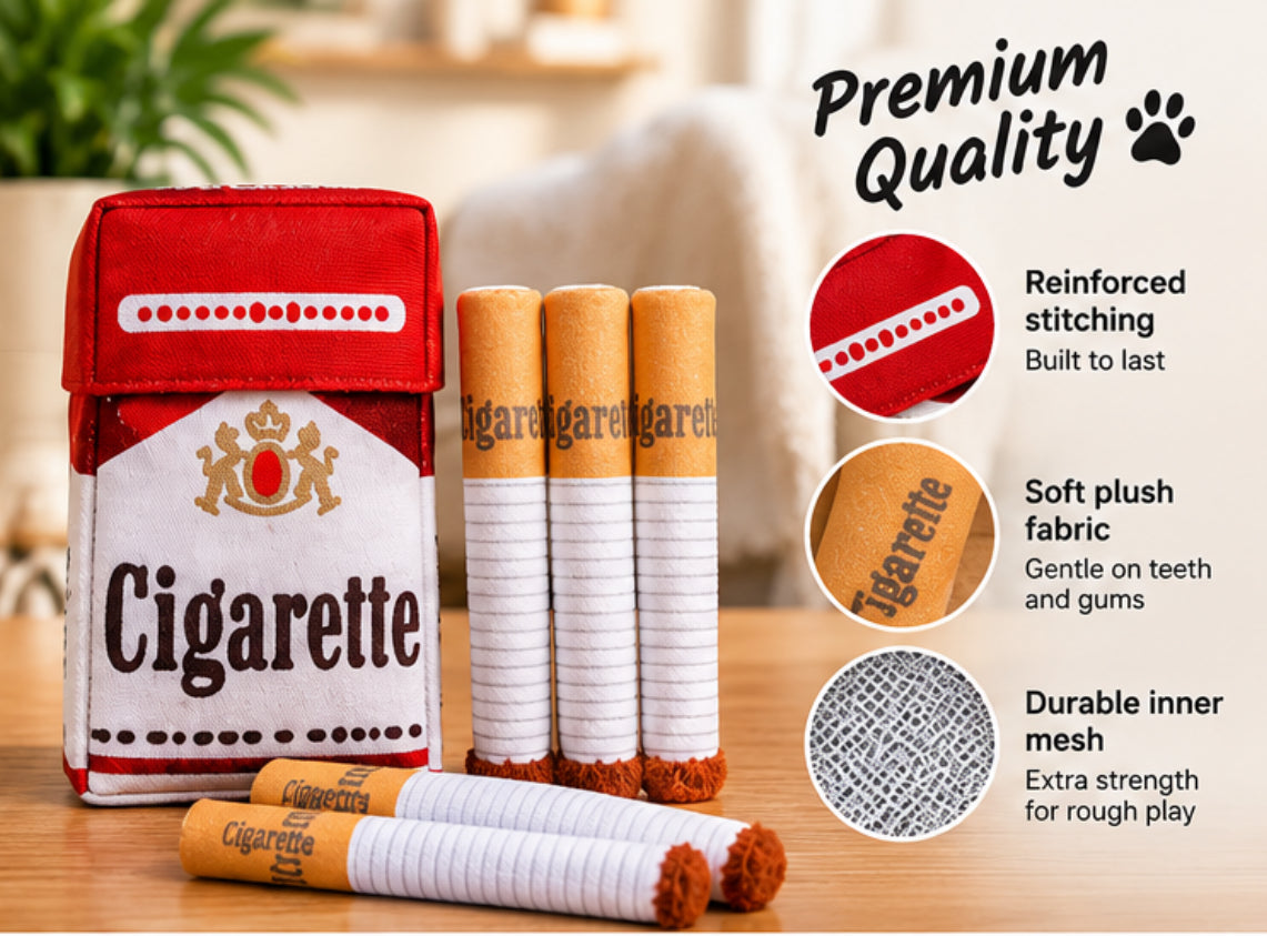 Funny Cigarette Pack Squeaky Dog Toy – 3-Piece Hide & Seek Plush Toy