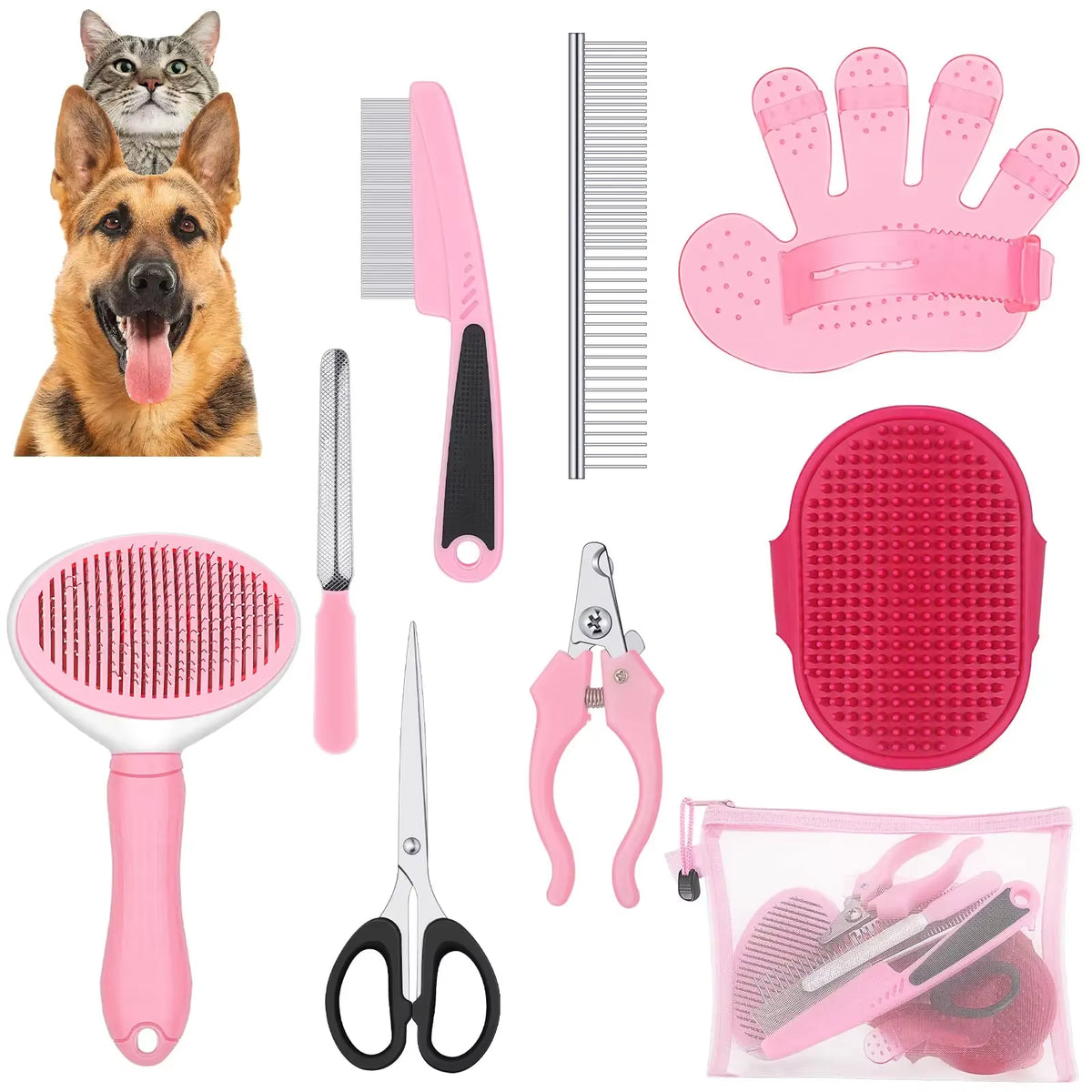 9-Piece Set of Dog Grooming Brush Detachment Kit, Self-Cleaning Nail Rake Dog Brush Detachment and Flea Comb Nail Clippers