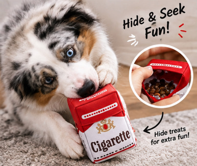 Funny Cigarette Pack Squeaky Dog Toy – 3-Piece Hide & Seek Plush Toy
