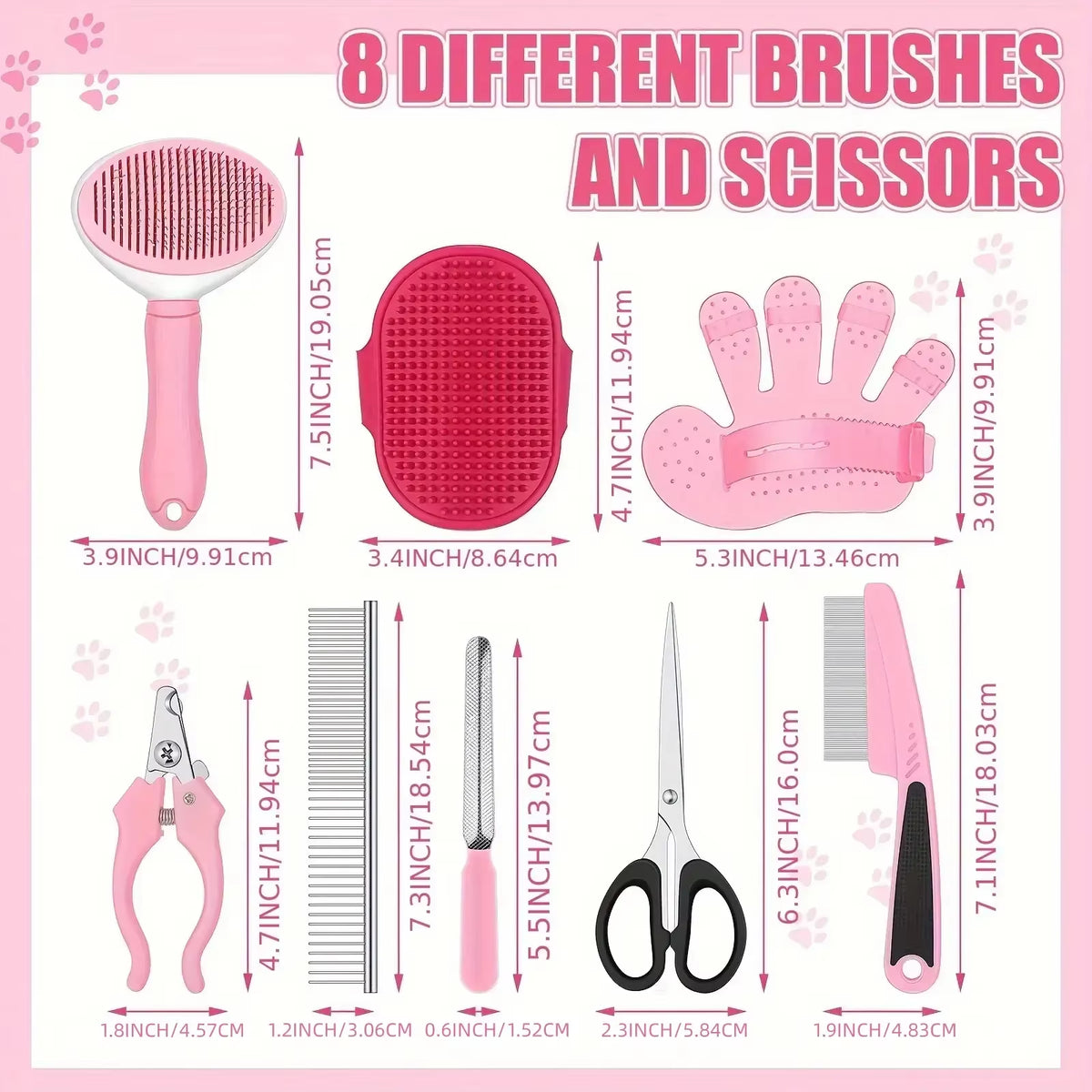 9-Piece Set of Dog Grooming Brush Detachment Kit, Self-Cleaning Nail Rake Dog Brush Detachment and Flea Comb Nail Clippers