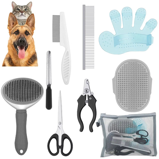 9-Piece Set of Dog Grooming Brush Detachment Kit, Self-Cleaning Nail Rake Dog Brush Detachment and Flea Comb Nail Clippers