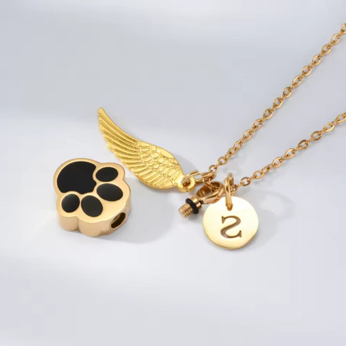 Paw Print Ashes Urn Pendant Necklace Stainless Steel Letter Initial Charm Memorial Dog Cat Pet Keepsake with Angel Wing