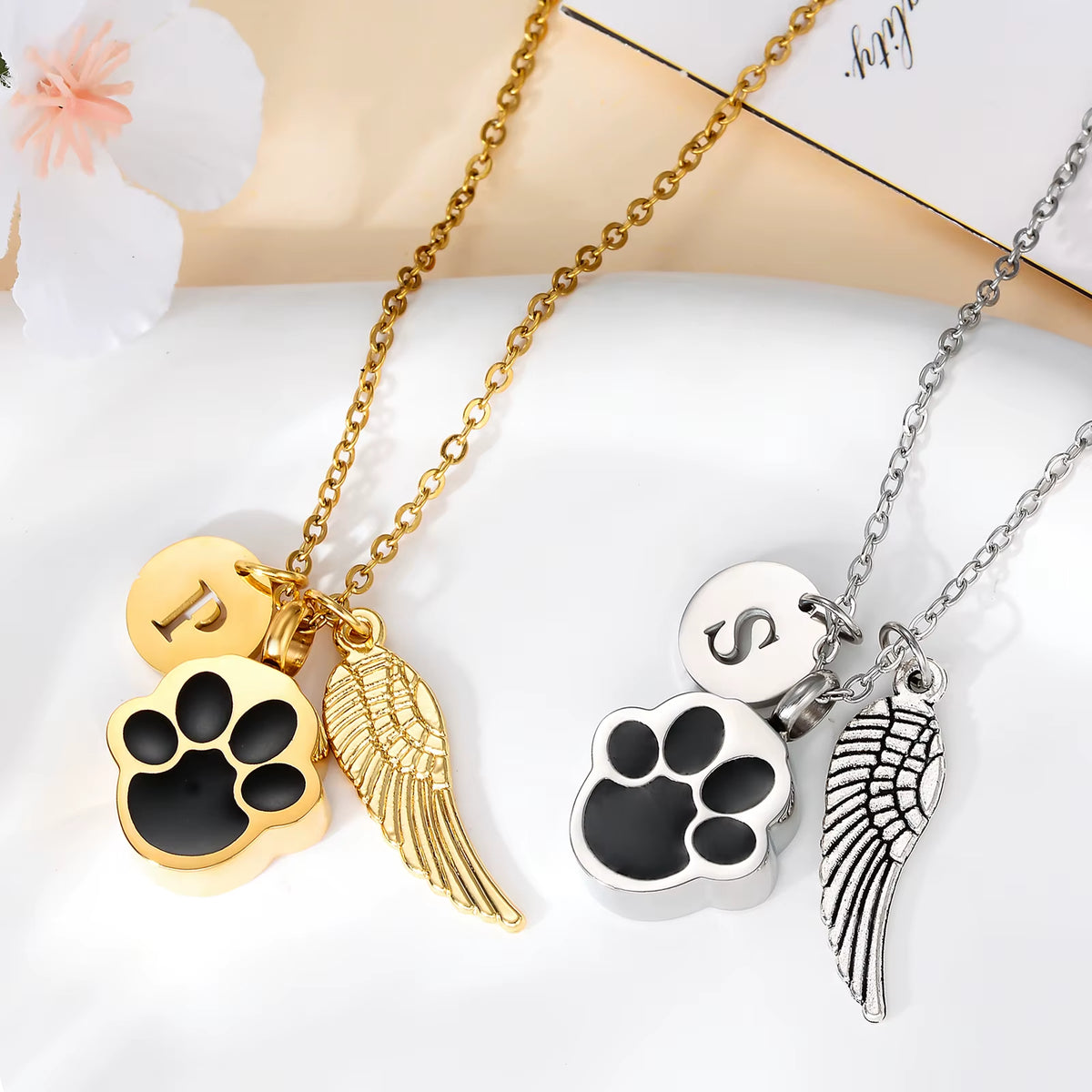 Paw Print Ashes Urn Pendant Necklace Stainless Steel Letter Initial Charm Memorial Dog Cat Pet Keepsake with Angel Wing
