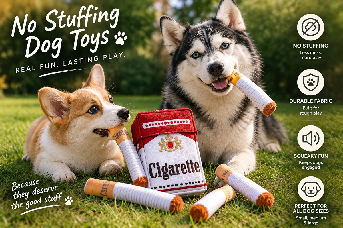 Funny Cigarette Pack Squeaky Dog Toy – 3-Piece Hide & Seek Plush Toy