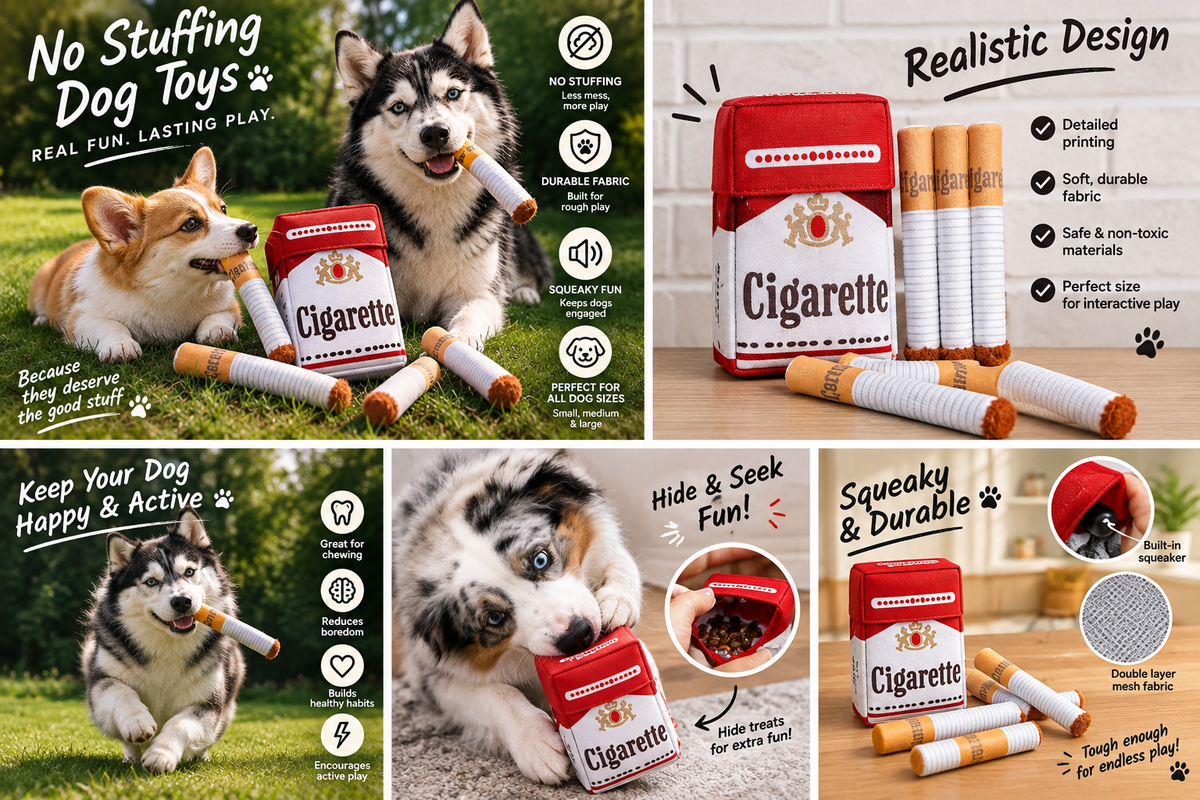Funny Cigarette Pack Squeaky Dog Toy – 3-Piece Hide & Seek Plush Toy