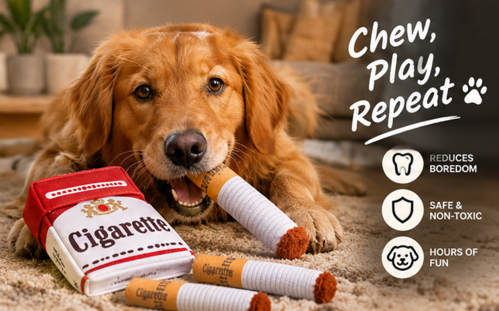 Funny Cigarette Pack Squeaky Dog Toy – 3-Piece Hide & Seek Plush Toy