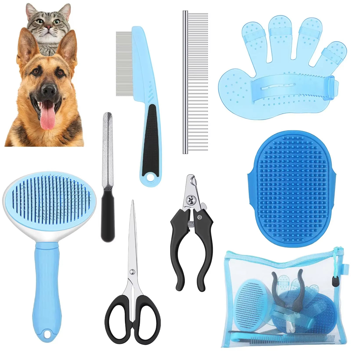 9-Piece Set of Dog Grooming Brush Detachment Kit, Self-Cleaning Nail Rake Dog Brush Detachment and Flea Comb Nail Clippers