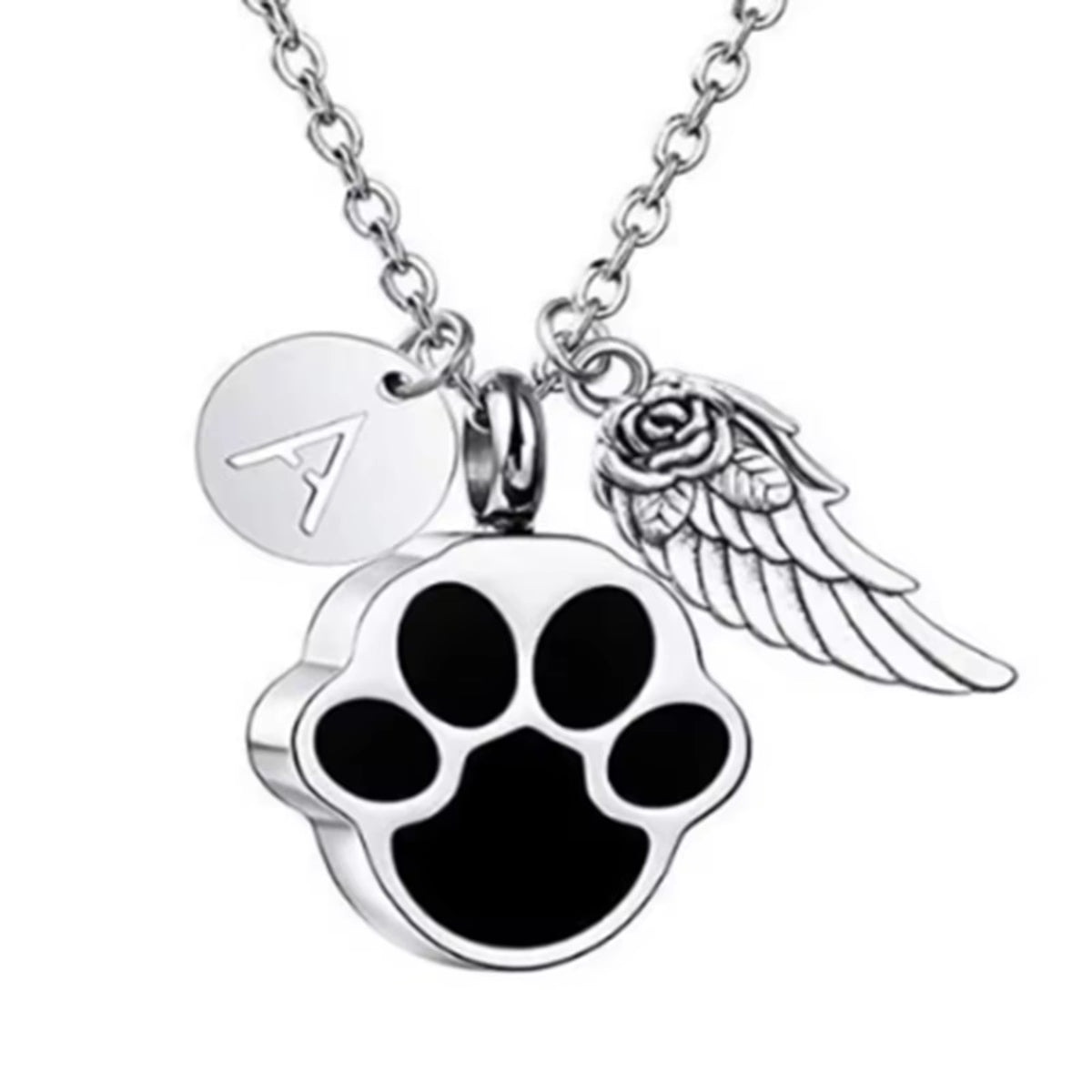 Paw Print Ashes Urn Pendant Necklace Stainless Steel Letter Initial Charm Memorial Dog Cat Pet Keepsake with Angel Wing
