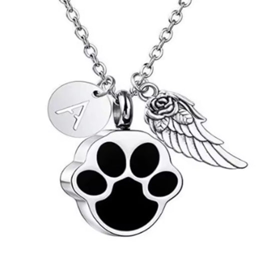 Paw Print Ashes Urn Pendant Necklace Stainless Steel Letter Initial Charm Memorial Dog Cat Pet Keepsake with Angel Wing