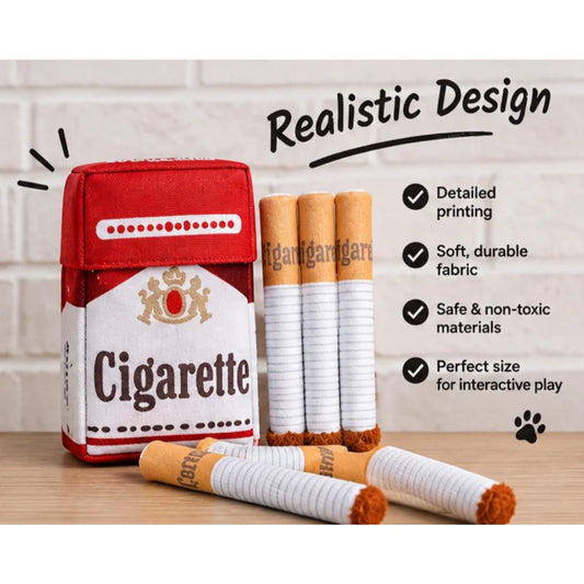 Cigarette pack squeaky plush dog toy set