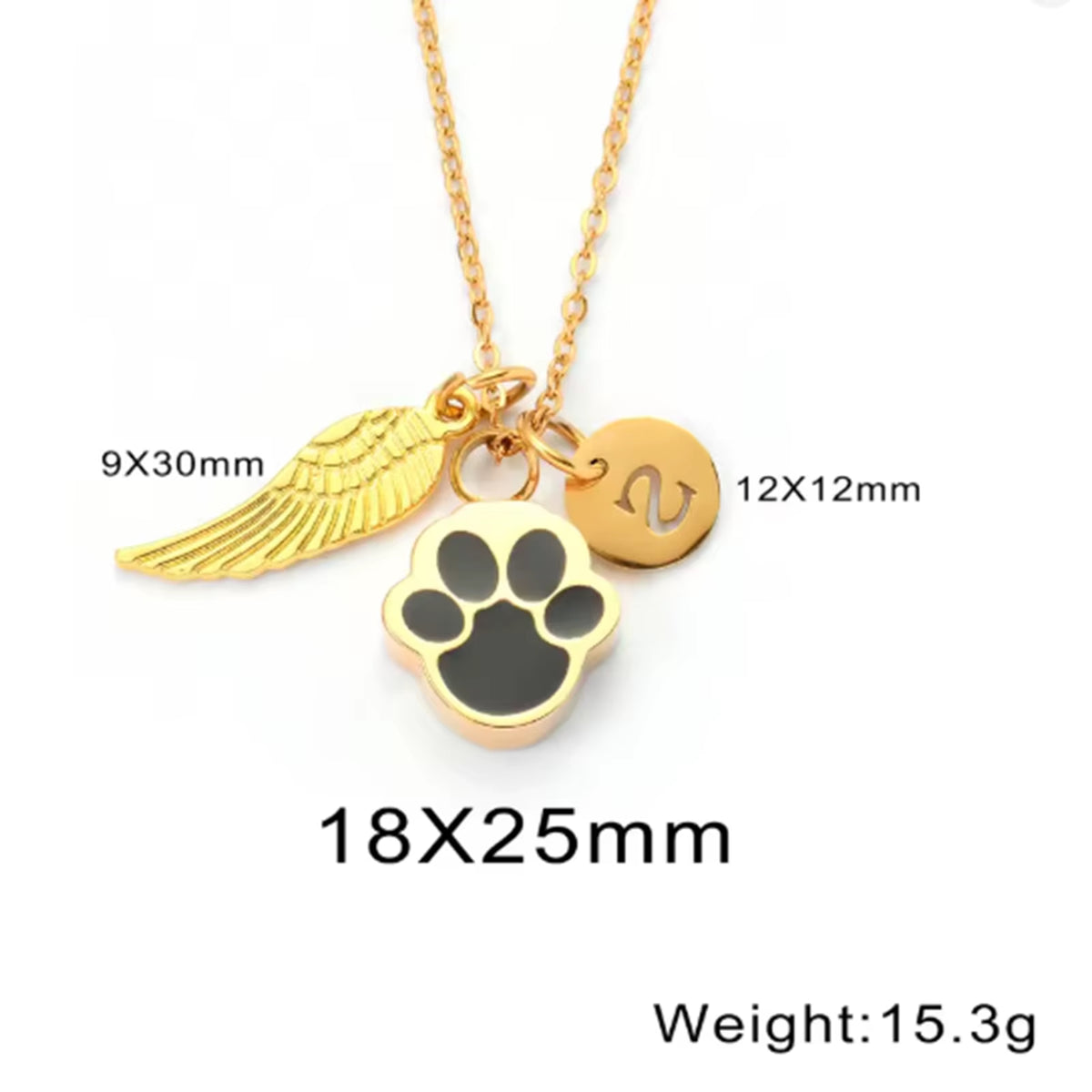 Paw Print Ashes Urn Pendant Necklace Stainless Steel Letter Initial Charm Memorial Dog Cat Pet Keepsake with Angel Wing